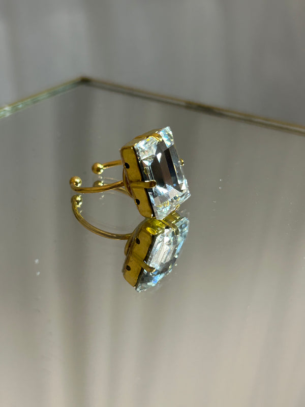 ANELLO BAGUETTE GRANDE CRYSTAL  (placcatura acciaio dorato )