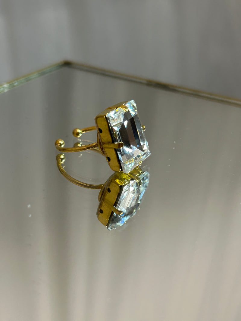 ANELLO BAGUETTE GRANDE CRYSTAL  (placcatura acciaio dorato )